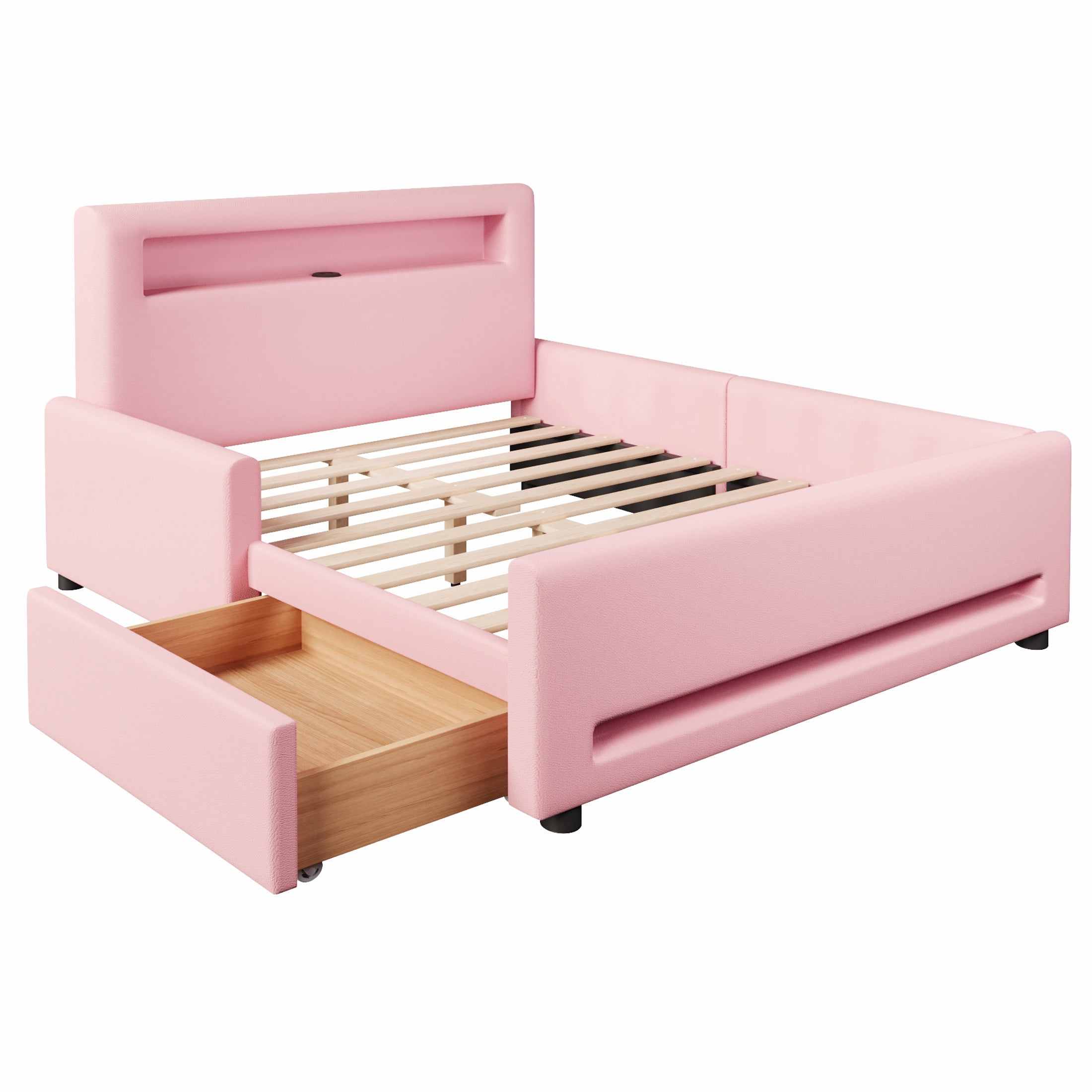 Noble House Full Size Upholstered Platform Bed with Storage Drawer, LED Light Strip and USB Charging Port, Pink
