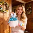 thumbnail image 4 of PU Leather Easter Egg Gift Bag with Bunny-Ear Top & Ribbon Drawstring, 4" Mini Hand Bucket, Green Spring Party Favor Pouch for Candies, Jewelry or Table Décor，White, 4 of 6