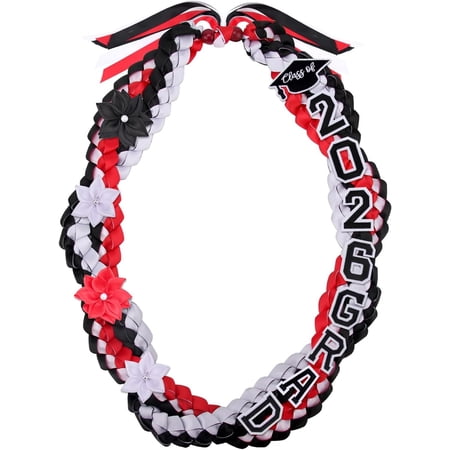2026 Graduation Lei Double Braided Strands Graduation Ribbon Leis with 4 Satin Congrats Graduates Leis Class of 2026 (Black Red White)