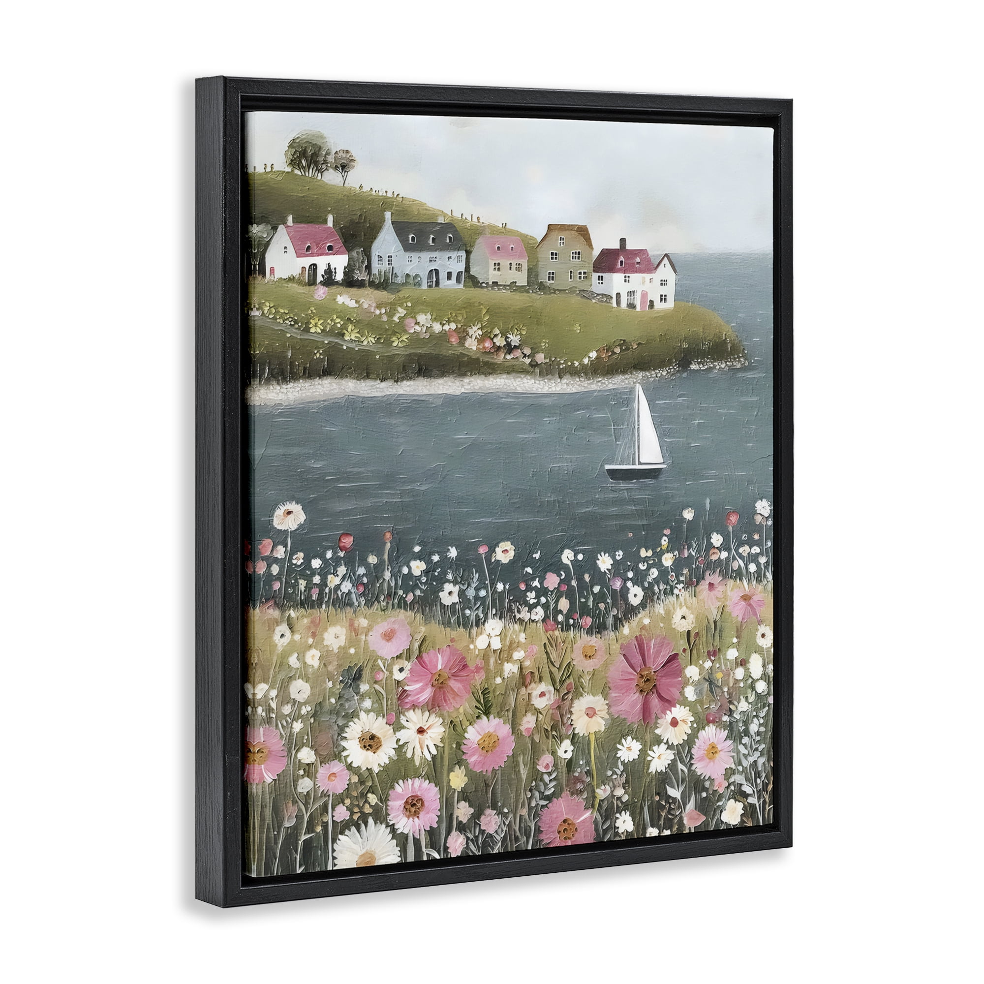 Stupell Industries Pink Meadow & Sailboats Black Framed Floater Canvas Wall Art, design by Riley B