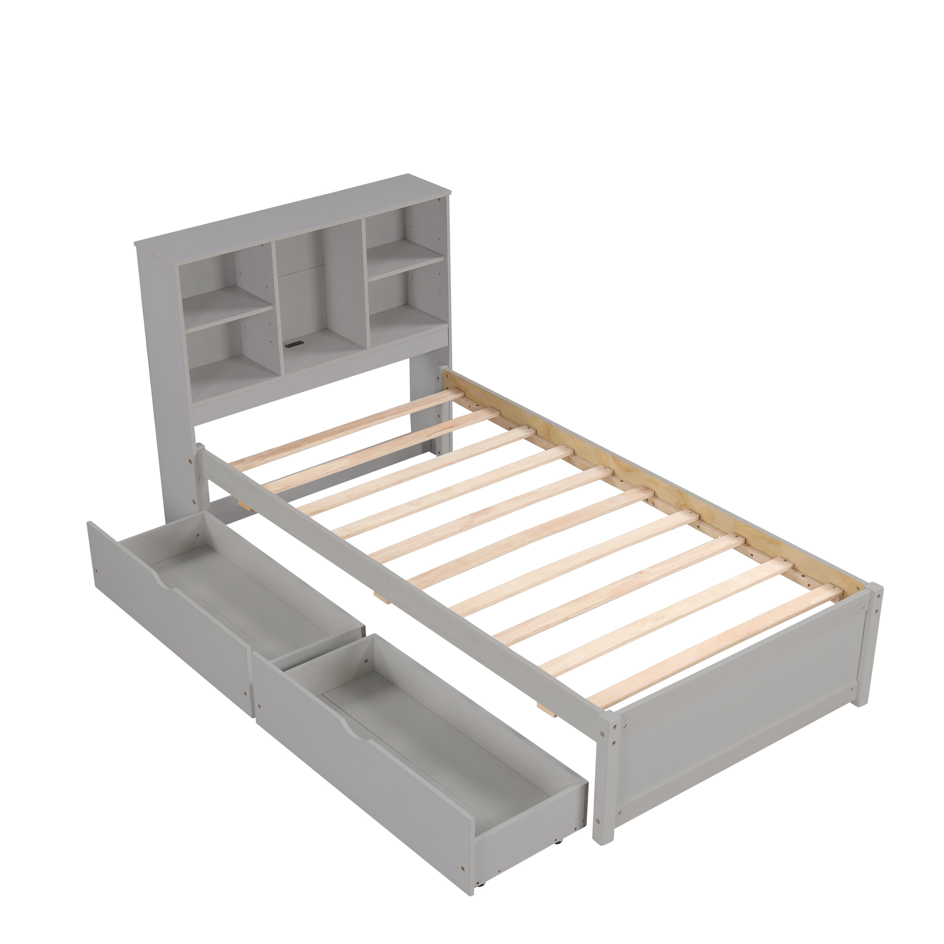 Miniyam Twin Size Bed with Built-in USB Port, Bookcase, Drawers for Kids and Teens, Gray