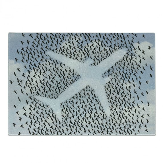 Travel Cutting Board, Airplane in the Sky with Doves Bird Hummingbird Flock Adventure Vacation, Decorative Tempered Glass Cutting and Serving Board, Small Size, Pale Blue Black White, by Ambesonne