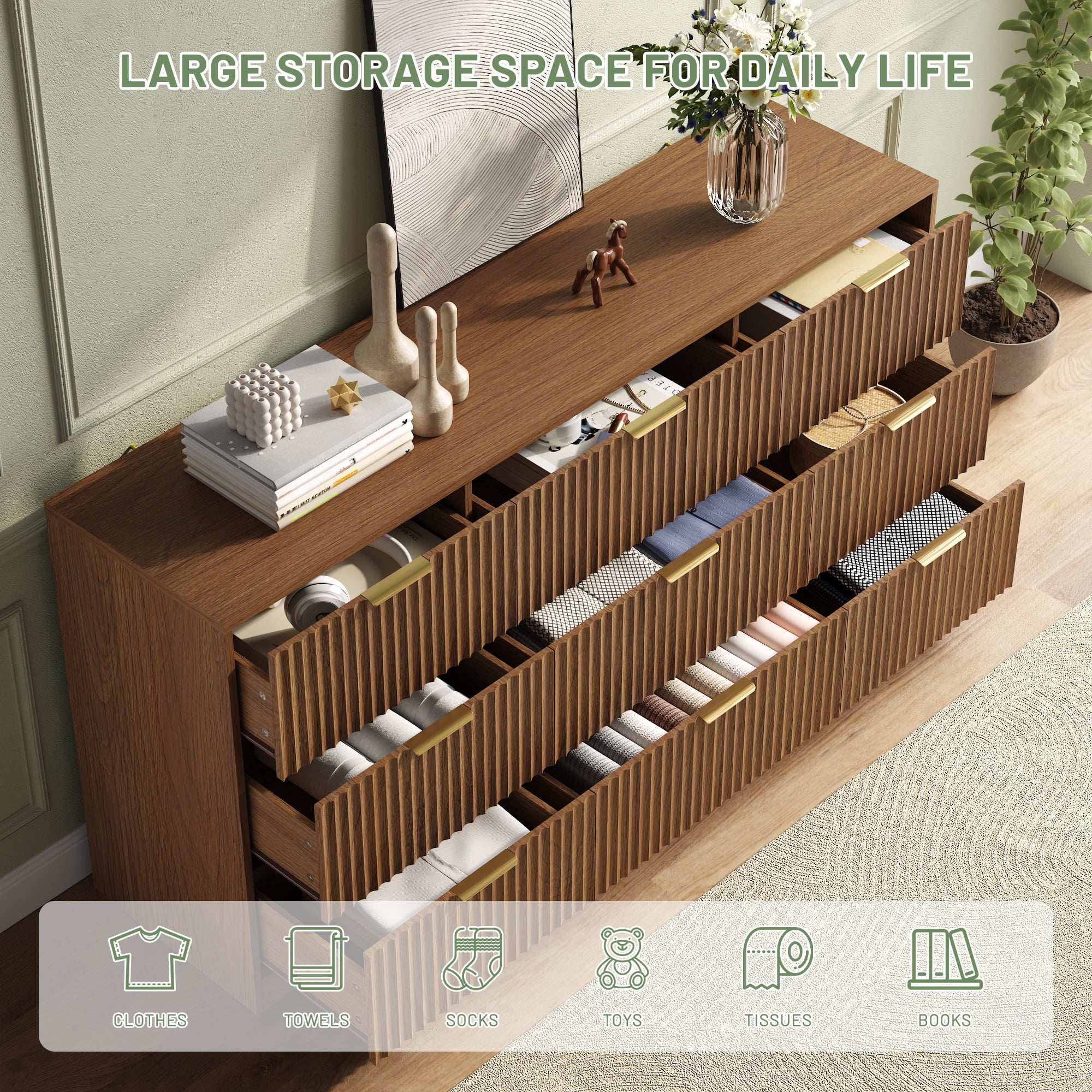 ASTUVIA 63" W Fluted 9 Drawer Dresser for Adult,Wooden Bedroom Dresser,Dresser TV Stand up to 70" for Living Room,Oak