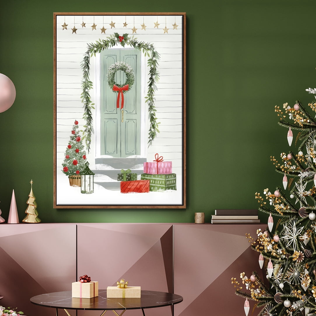 Festive Front Door I - Framed Gallery Wrapped Holiday Canvas - 17 x 25 - Rosewood Frame