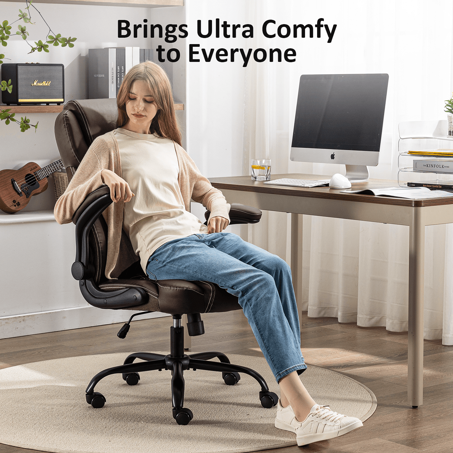 TMV 10-Position Adjustable Office Chair, Reclining Work Chair with Lumbar Support，Brown