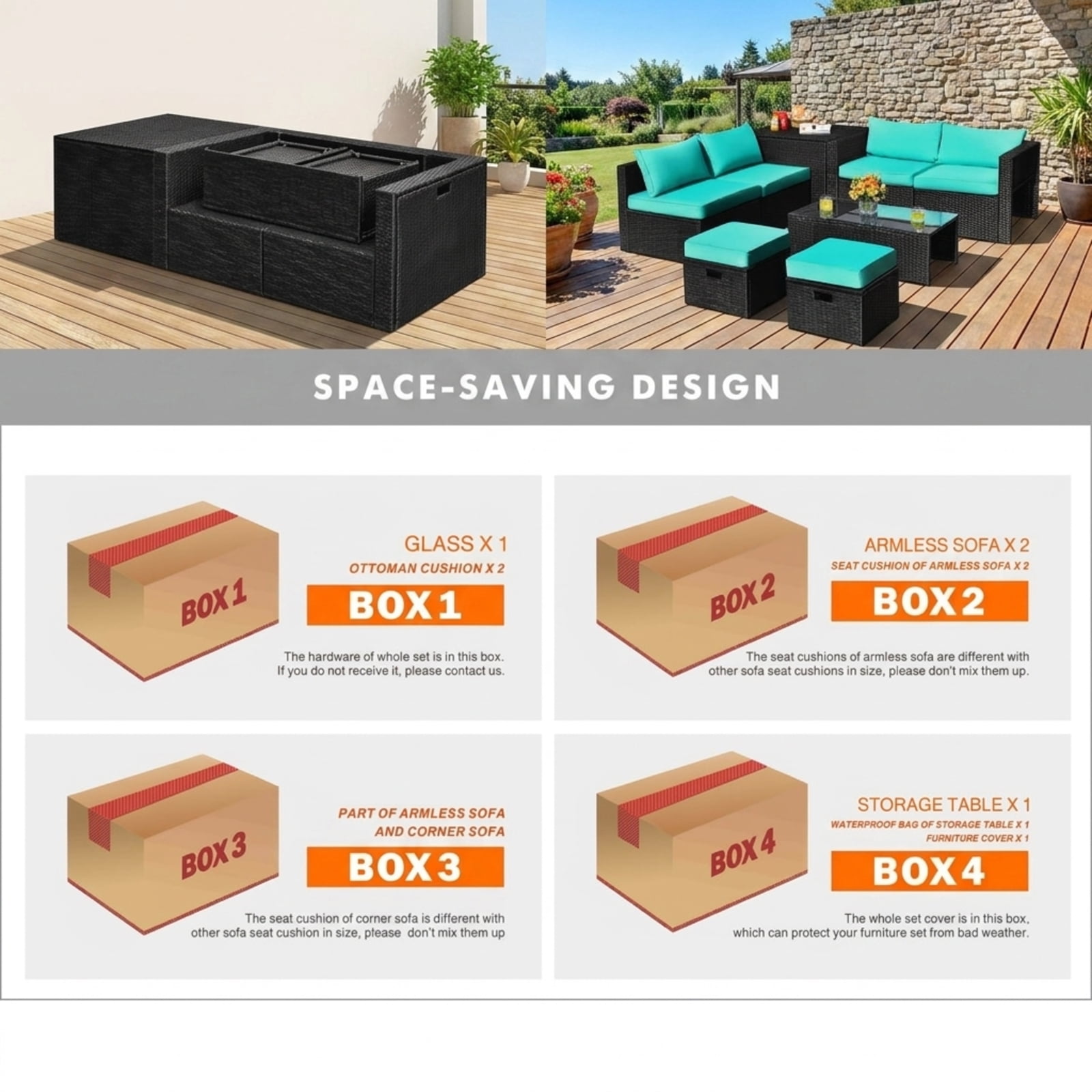 Furnibear 8 Pieces Patio Rattan Furniture Set Outdoor Wicker Conversation Sofa Set with Storage Table Tempered Glass Top and Cushions for Backyard, Turquoise