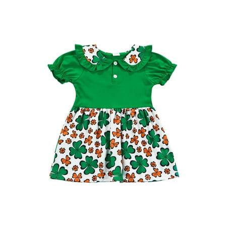 

Suanret Toddler Baby Girls St. Patrick s Day Dress Clothes Doll Collar Short Sleeve Clover A Line Dress Green 3 Years