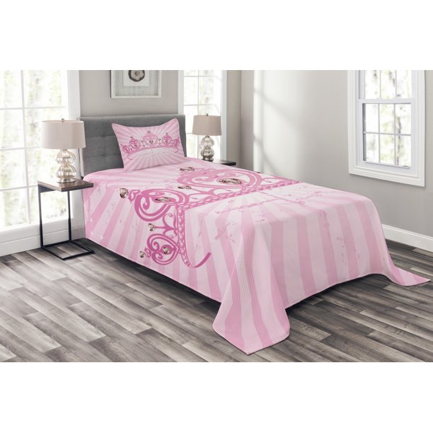 Queen Bedspread Set, Childhood Theme Pink Heart Shaped Princess Crown on Radial Backdrop