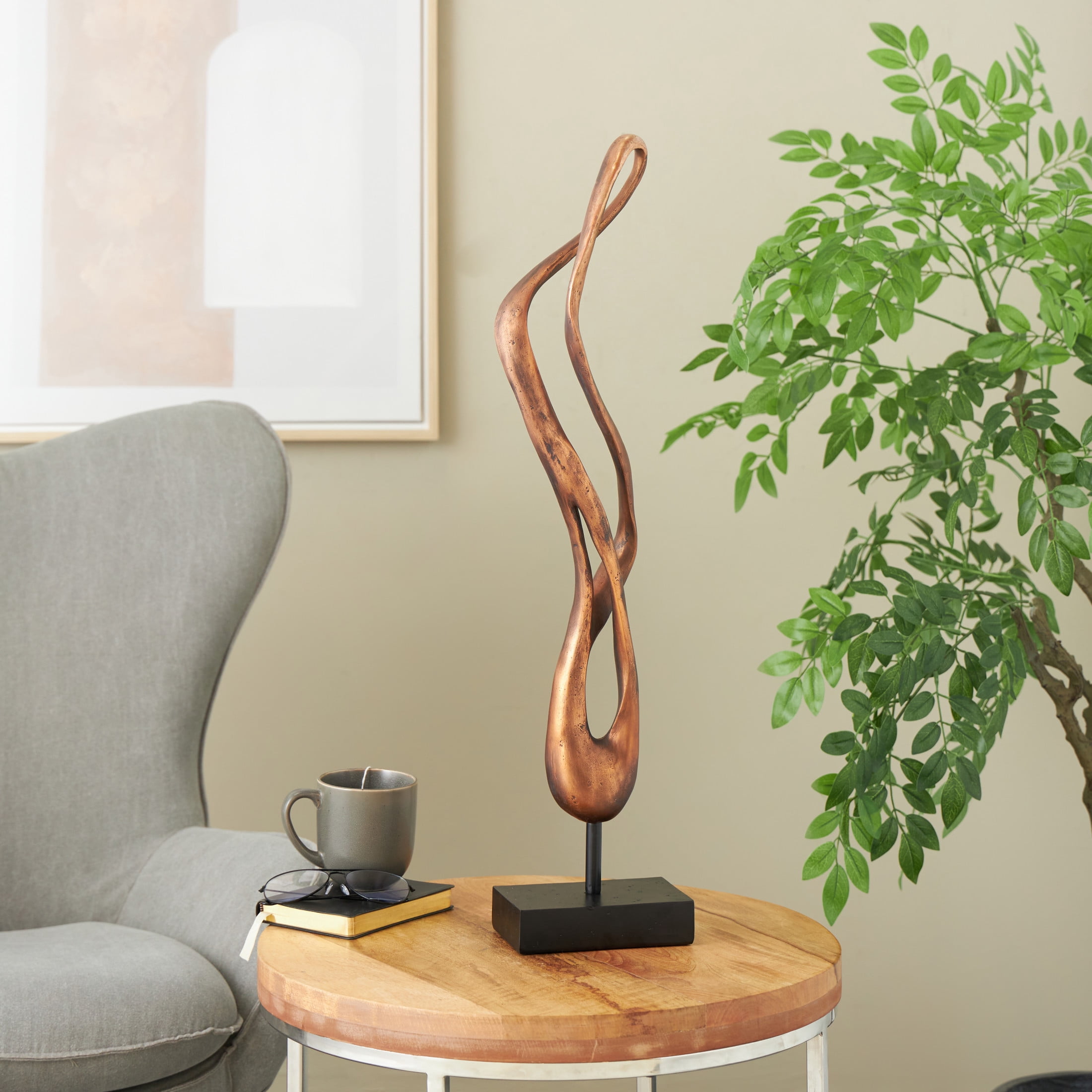 6" x 28" Bronze Polystone Abstract Abstract Sculpture with Rectangle Black Base, by DecMode