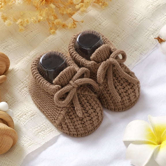 Huowey Baby Toddler Walking Shoes Solid Color Lace Up Knitted Soft Sole Booties Indoor Outdoor Breathable Cozy Crochet Crib Slippers Fashionable Slipper Barefoot Shoes,Coffee,9-12 Months