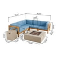 thumbnail image 3 of GDF Studio Keith Outdoor Acacia Wood 5 Seater Sectional Sofa Set with Fire Pit, Blue, 3 of 10