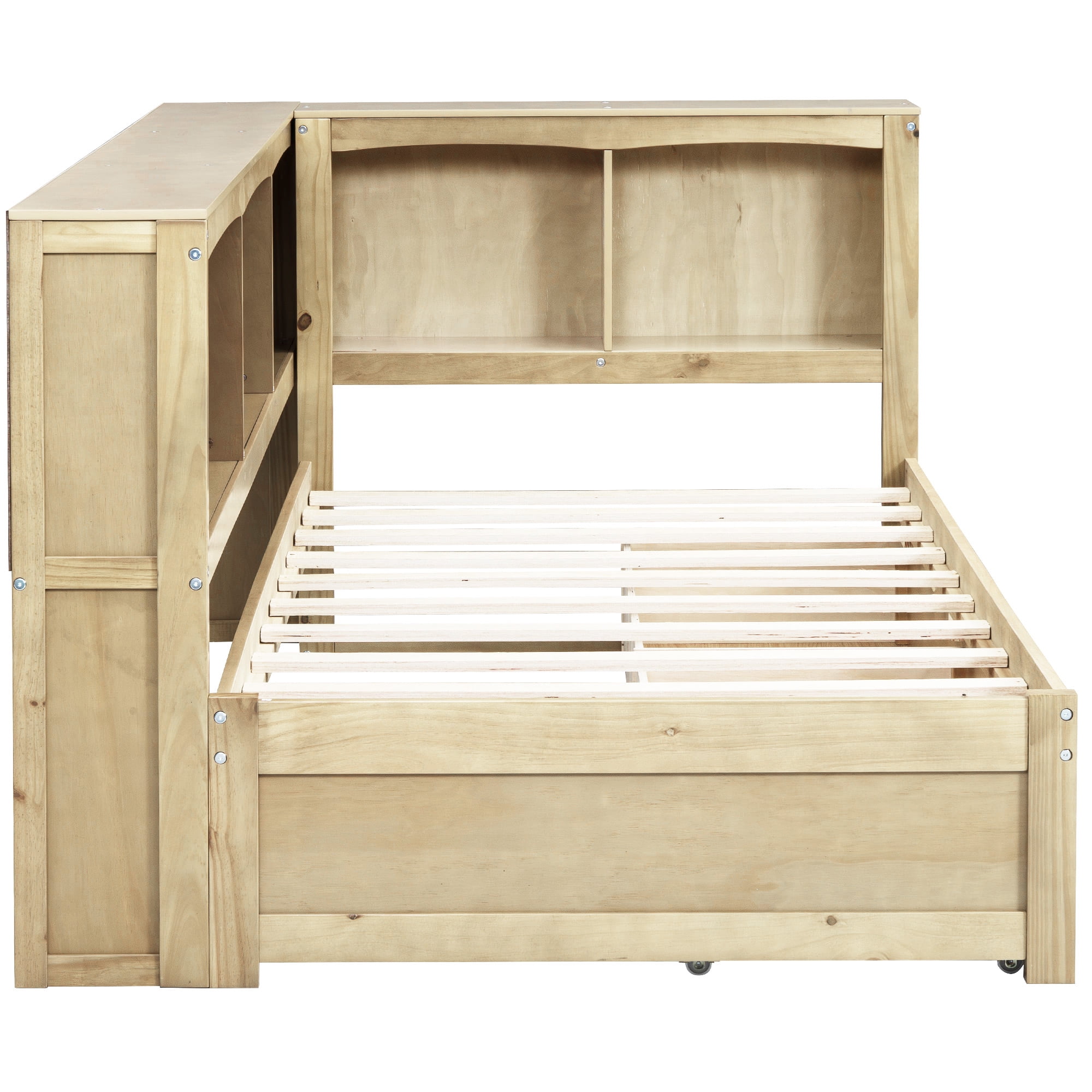 Alvantor Twin Size Daybed with Bookcase and USB Ports, Corner Bed Frame With Storage Drawers & Cabinets, Natural Wood