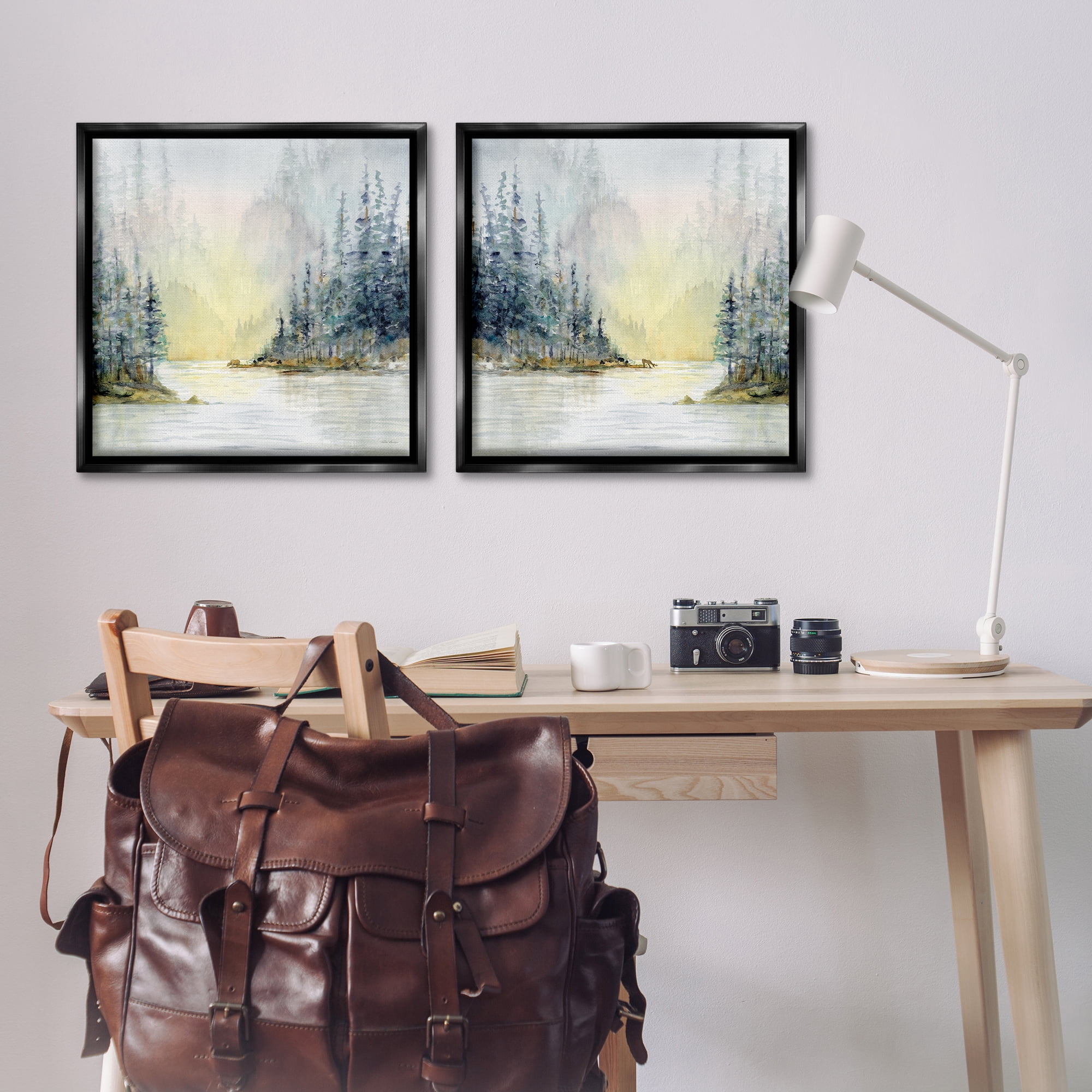 Stupell Industries Distant Deer Bear Pine Trees Landscape & Nature Painting Black Floater Framed Canvas Art Print Wall Art, 25 x 25, Set of 2