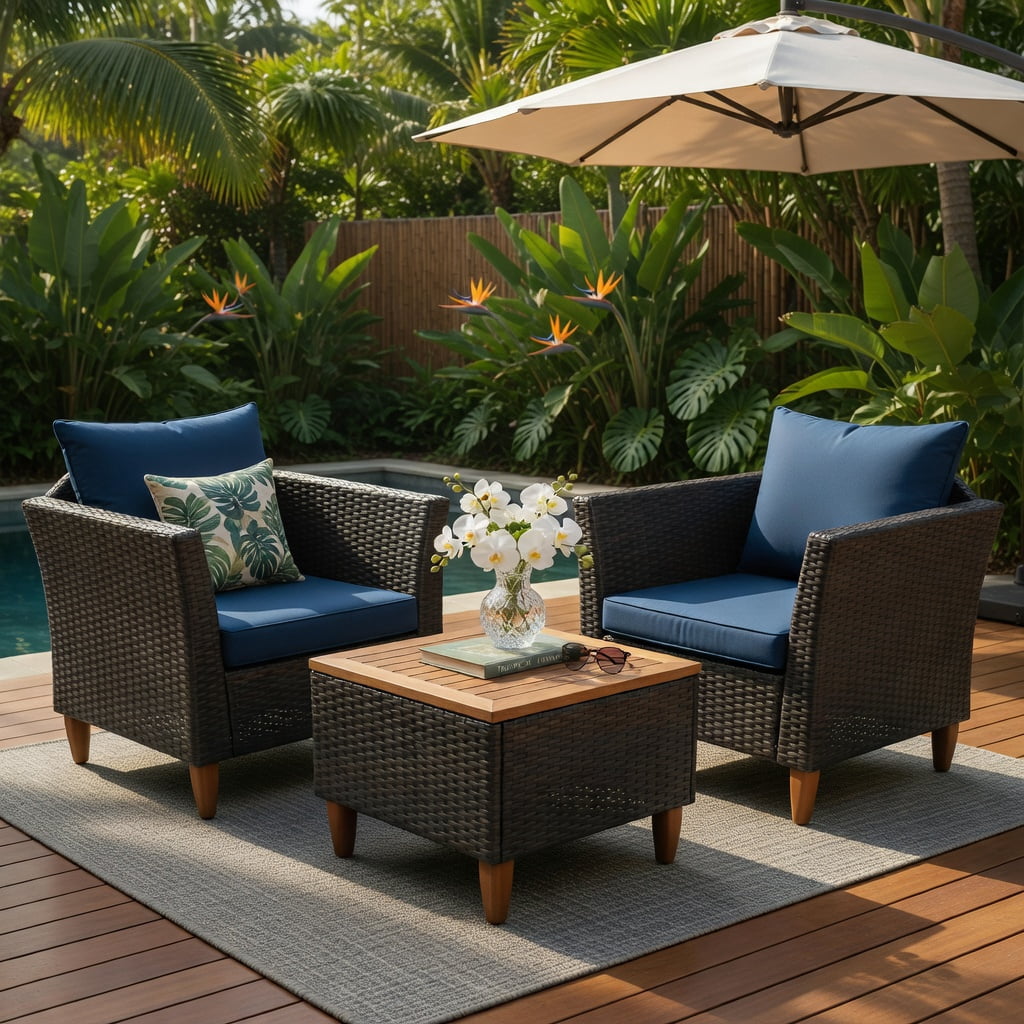 Hommoo 3-Piece Outdoor Rattan Bistro Set, Acacia Wood Table & Steel Frame Patio Furniture for Backyard, Poolside & Garden, Navy