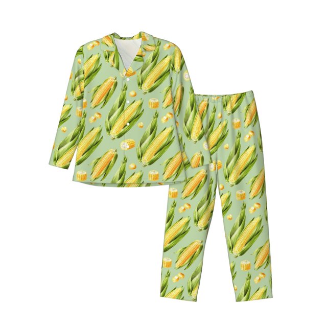 Fotbe Fresh Sweet Corn Pijama de Hombre con Estampado de Manga Larga, Conjunto de 2 Piezas, Ropa de Dormir Suave y Cómoda con Bolsillos-Small