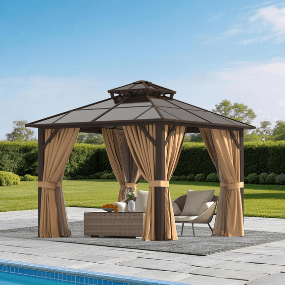 Sunmthink 10' x 10' Hardtop Gazebo,Polycarbonate Double Roof,Aluminum Frame with Curtains and Netting for Patio,Garden,Brown