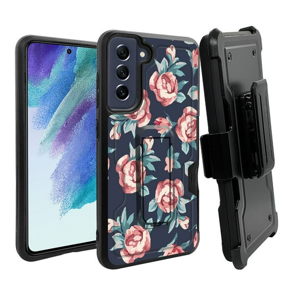ANJ  Rugged Dual Layer Shockproof Holster Case w/Card Slot, Kickstand   Tempered Glass for Samsung Galaxy S21 FE 5G - Passionate Roses