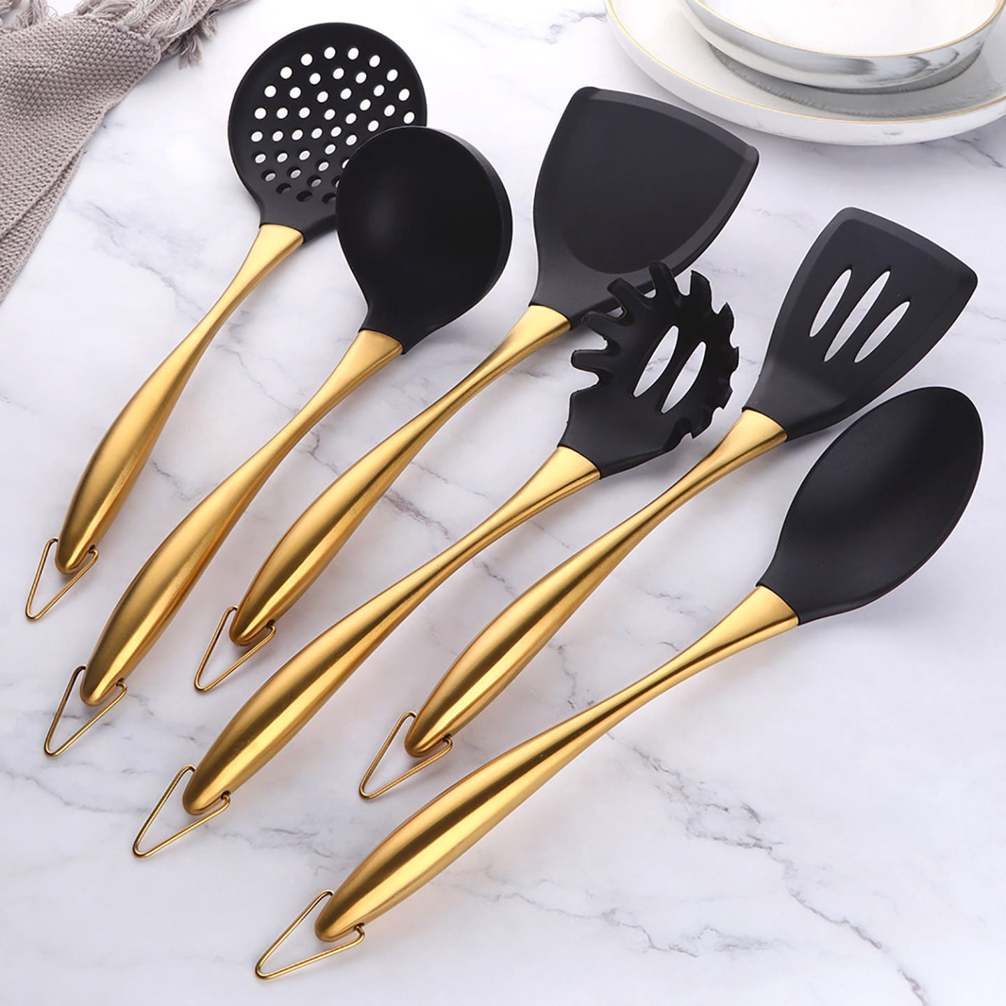 Silicone Cooking Utensils Set, 6-Piece Non-Stick Kitchen Utensil Set with Titanium Stainless Steel Handles & Holder, Spatula, Spoon, Tongs for Baking, Grilling & Frying - Dishwasher Safe,  Gold