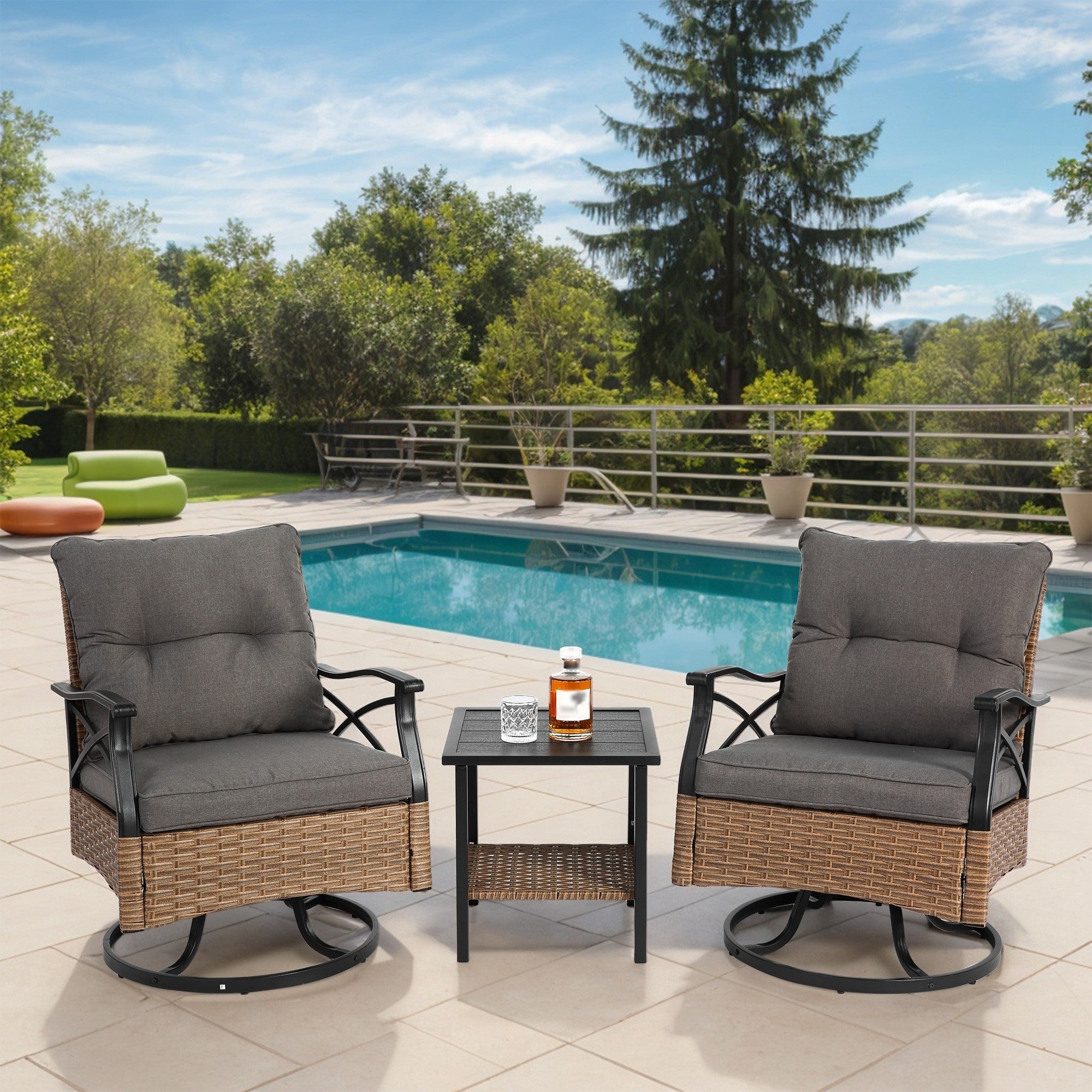 Sailvan 3-Piece Outdoor Swivel Rocker Chairs Set,Wicker Patio Conversation Set with Side Table,350lbs Capacity,Brown Brown&Gray