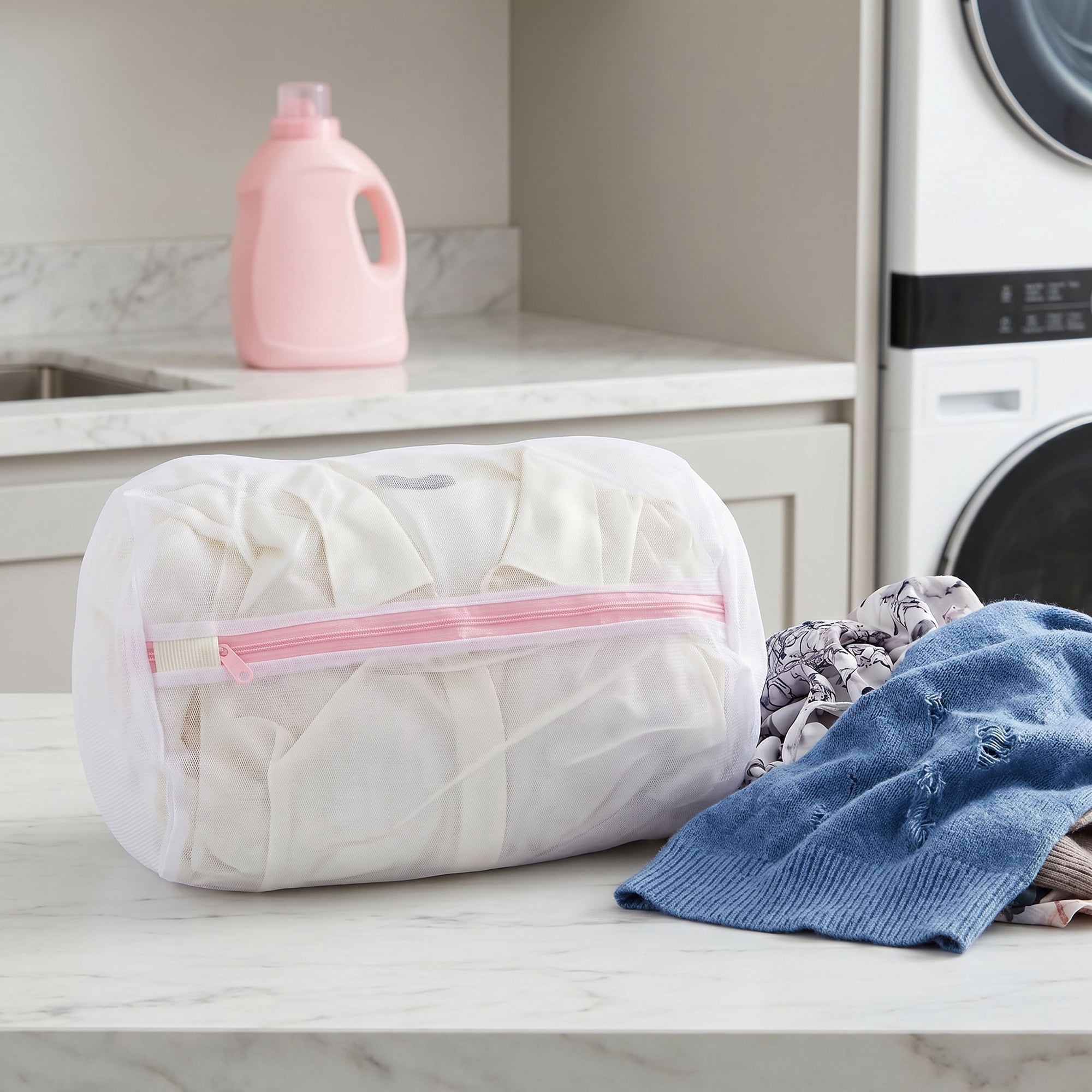 Unique Bargains 3Pcs Durable Mesh Zipper Closure Laundry Bags White-Pink 7.9" x 11.8"