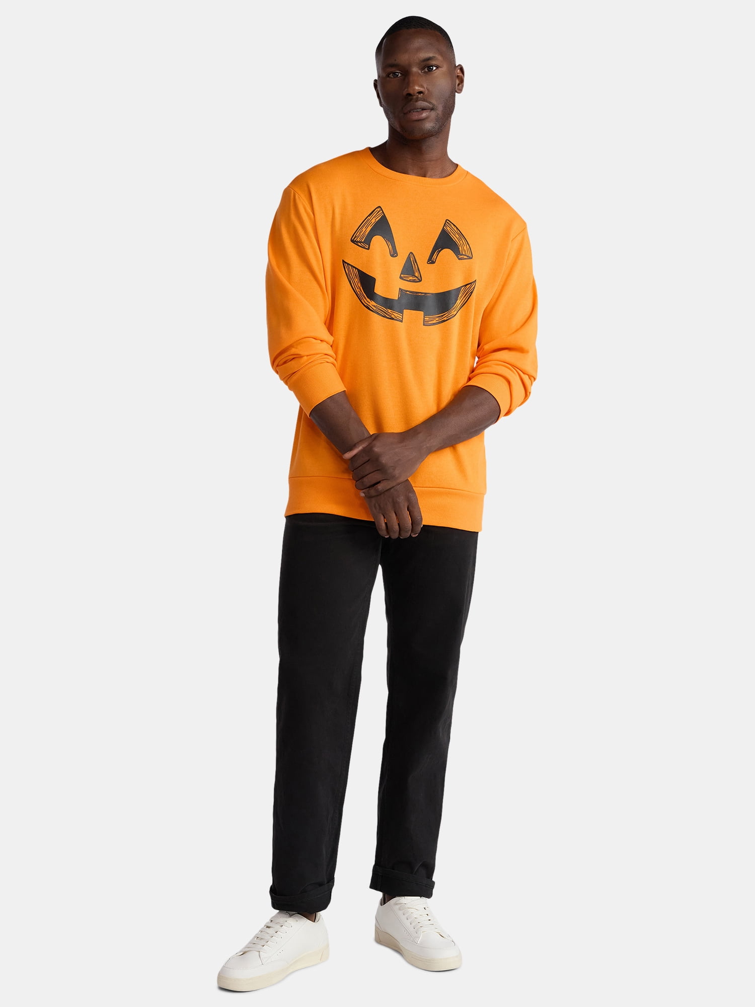 Halloween Crewneck Fleece Sweatshirt, Distressed Jack O' Lantern Pumpkin, Men's Sizes XS-3XL