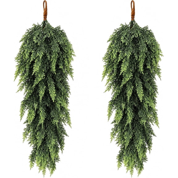 2 Pcs 32" Christmas Teardrop Swag, Real Touch Christmas Faux Greenery Door Swag, Norfolk Pine Needle Teardrop Wreath for Front Door Mantle Fireplace Indoor Outdoor Decor