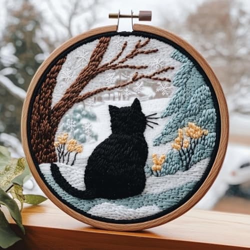 DIY Punch Needle Kits Cute Cartoon Black Cat Back Sit on Window Embroidery Punch Needle Starter Craft with Hoop Easy for Beginners for Festival t and Decoration 20x20cm-1