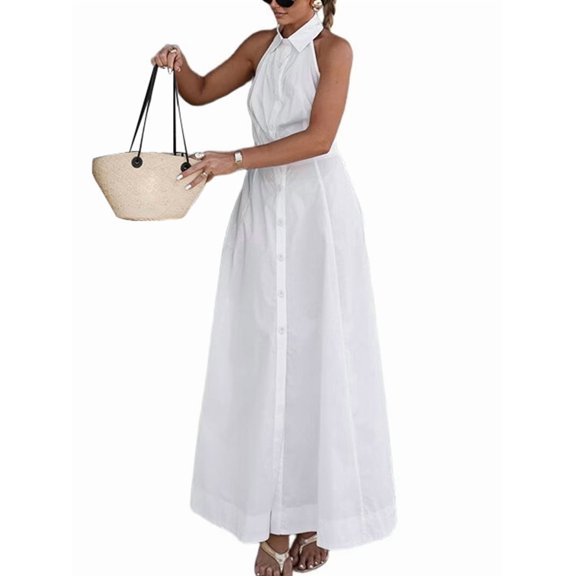 Women'S Maxi Dresses Halter V Neck Beach Dresses for Women A-Line Casual Dress for Vacation White S