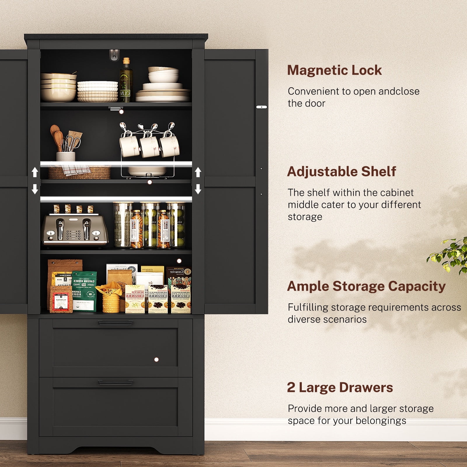 66.2" H Storage Cabinet with 2 Drawers, Farmhouse Kitchen Pantry Cabinet with 3 Doors & Adjustable Shelf, Handbag Storage Organizer, for Living Room, Kitchen, Bedroom, Black