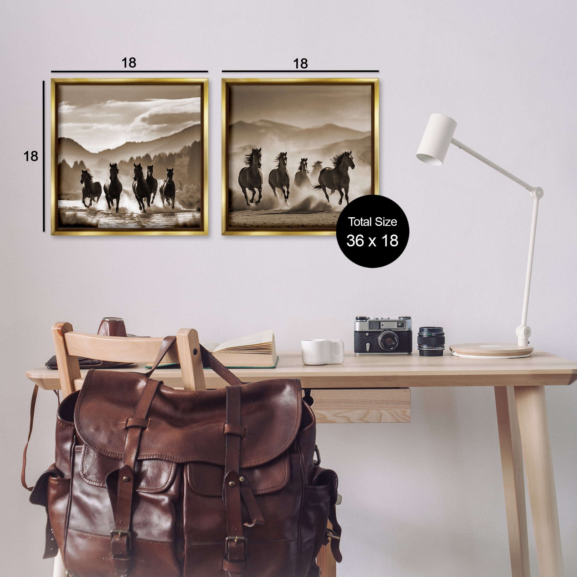 Stupell Industries Running Mountain Stallions Landscape & Nature Photography Gold Floater Framed Canvas Art Print Wall Art, 18 x 18, Set of 2