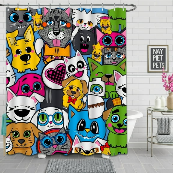 Whimsical Cartoon Cats & Dogs Shower Curtain - Vibrant, Playful Design for Fun Bathrooms!