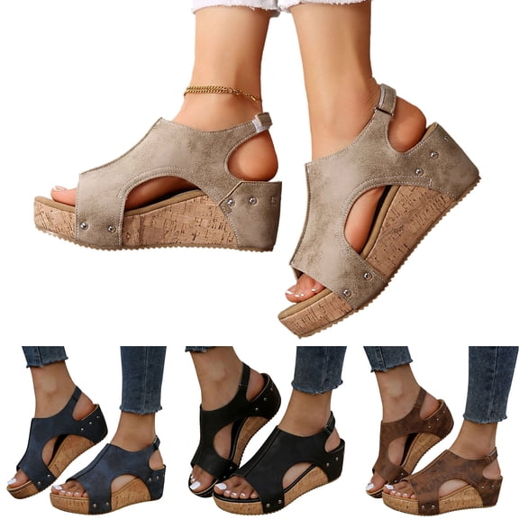 IEMIEMIEM Women's Wedge Sandals Dressy Summer Open Toe Espadrilles Platform Sandals Buckle Ankle Strap Wedge Sandals Leather Sandals Casual Low Wedges Walking Strappy Slip on Sandals Beige 10 Wide