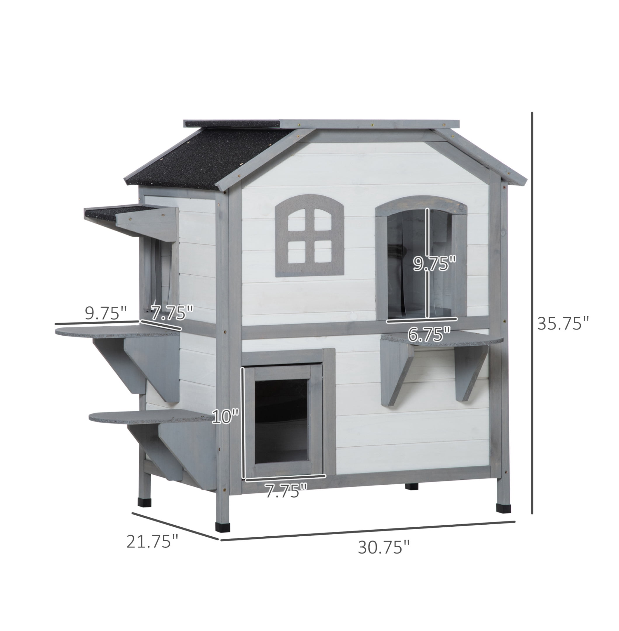 2-story Cat House Outdoor, Weatherproof Wooden Cat Enclosure for Feral Cats with Escape Door, Openable Roof, Jumping Platforms, White