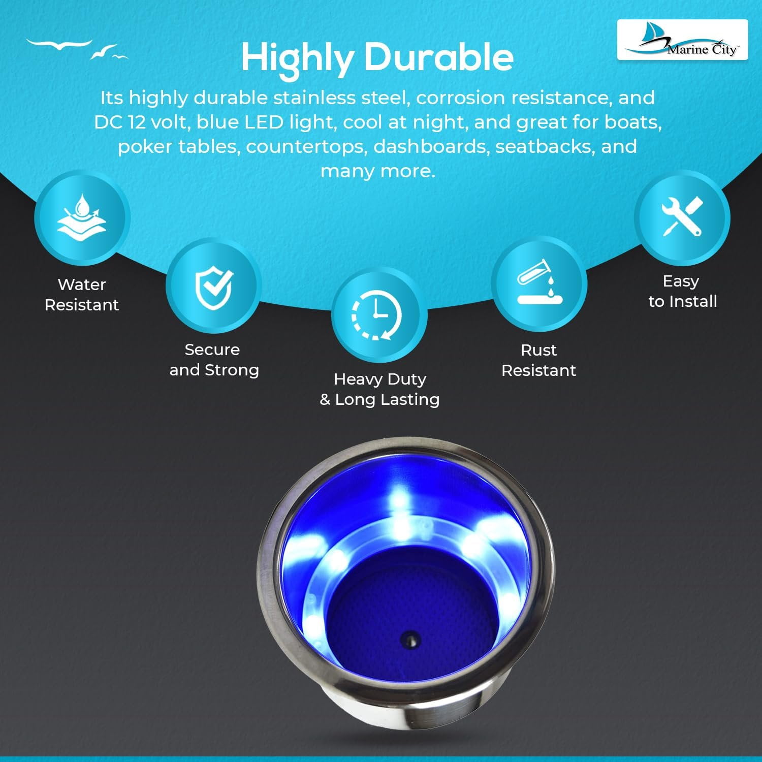 Marine City Drink Cup Holder with Drain, 304 Stainless Steel, 8 Blue LED Lights, Corrosion-Resistant Easy Installation, for Boats Yachts Ships Kayaks, 2-Pack