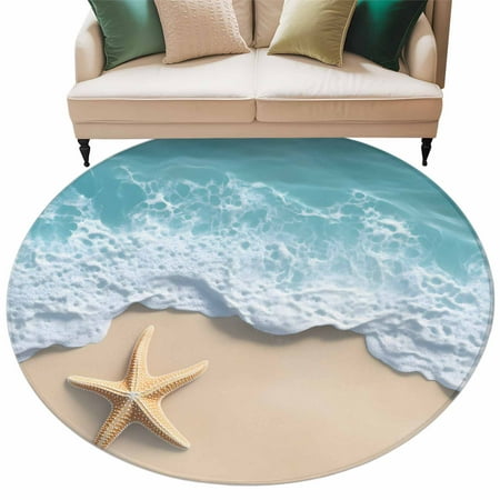 Summer Starfish Round Area Rug 5ft Coastal Beach Non-Slip Washable Circle Rugs Soft Felt Indoor Floor Mat for Bedroom Kitchen Living Room Bathroom