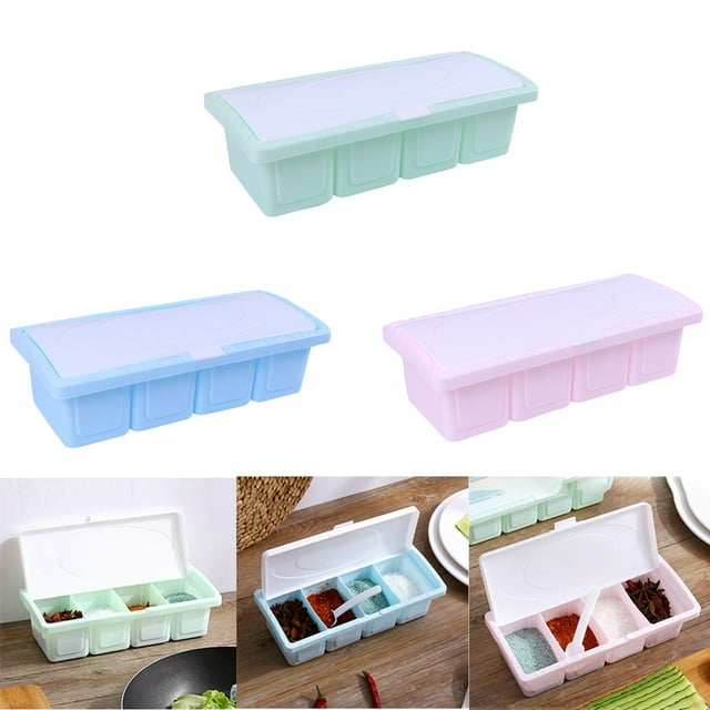 Vacemry 2Pcs Seasoning Rack Spice Storage Box, 4 Grid Plastic Condiment Container with Spoon, Transparent Lid Kitchen Organizer for Countertop Cabinet Pantry Drawer