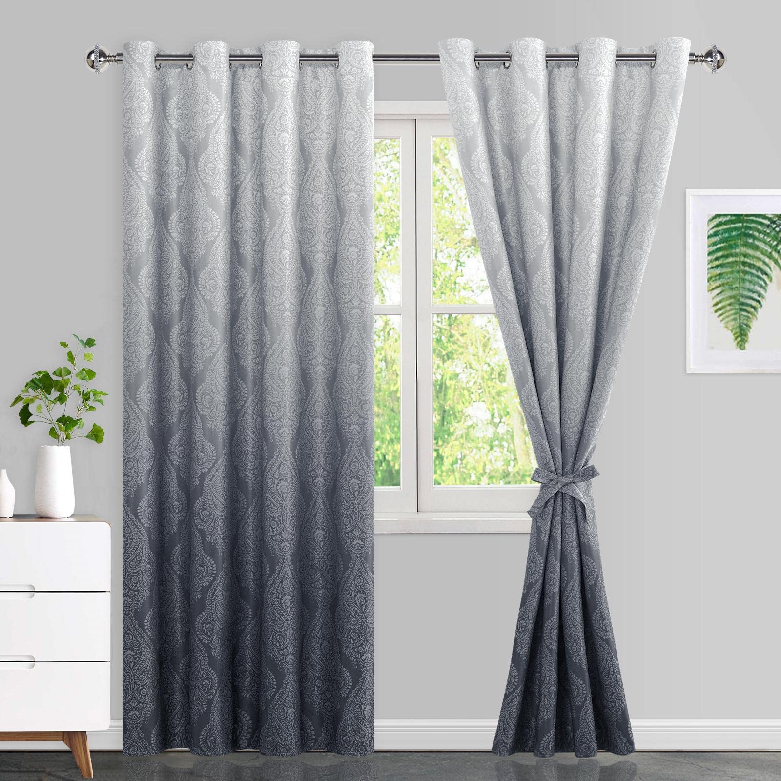 DWCN Ombre Blackout Curtains–Damask Patterned Thermal Insulated Noise Reducing Grommet Curtains for Bedroom Living Room, 52 x 84 Inches, Set of 2 Panels with Tiebacks, Grey