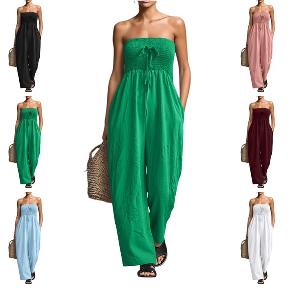 MLCDZ Womens Casual Strapless Summer Jumpsuits Loose Off Shoulder Smocked Sleeveless Wide Leg Loose Fit Hiking Travel Romper with Pockets