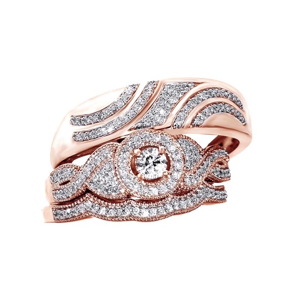 AFFY Round Cut White Cubic Zirconia Engagement & Wedding Halo Trio Bridal Ring Set In 10k Solid Rose Gold (0.5 ct)