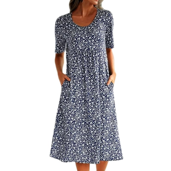 Summer Short Sleeve Dress for Womens Floral Bohemian Beach Dress Flowy A Line Dress Holiday Party Midi Dress