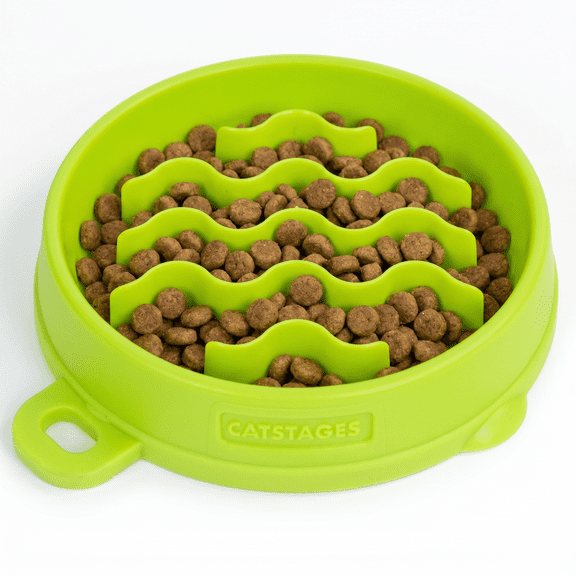 Catstages Kitty Slow Feeder Bowl for Cats & Small Dogs, Puzzle Dish for Fast Eaters, For Wet or Dry Food, Helps Slow Eating & Aid Digestion, Non-Slip, Made Without BPA, 3/4 Cup, 5-Inch, Green