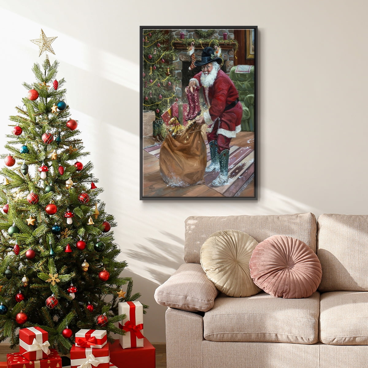 New Boots for Christmas - Framed Gallery Wrapped Holiday Canvas - 27 x 41 - Black Frame