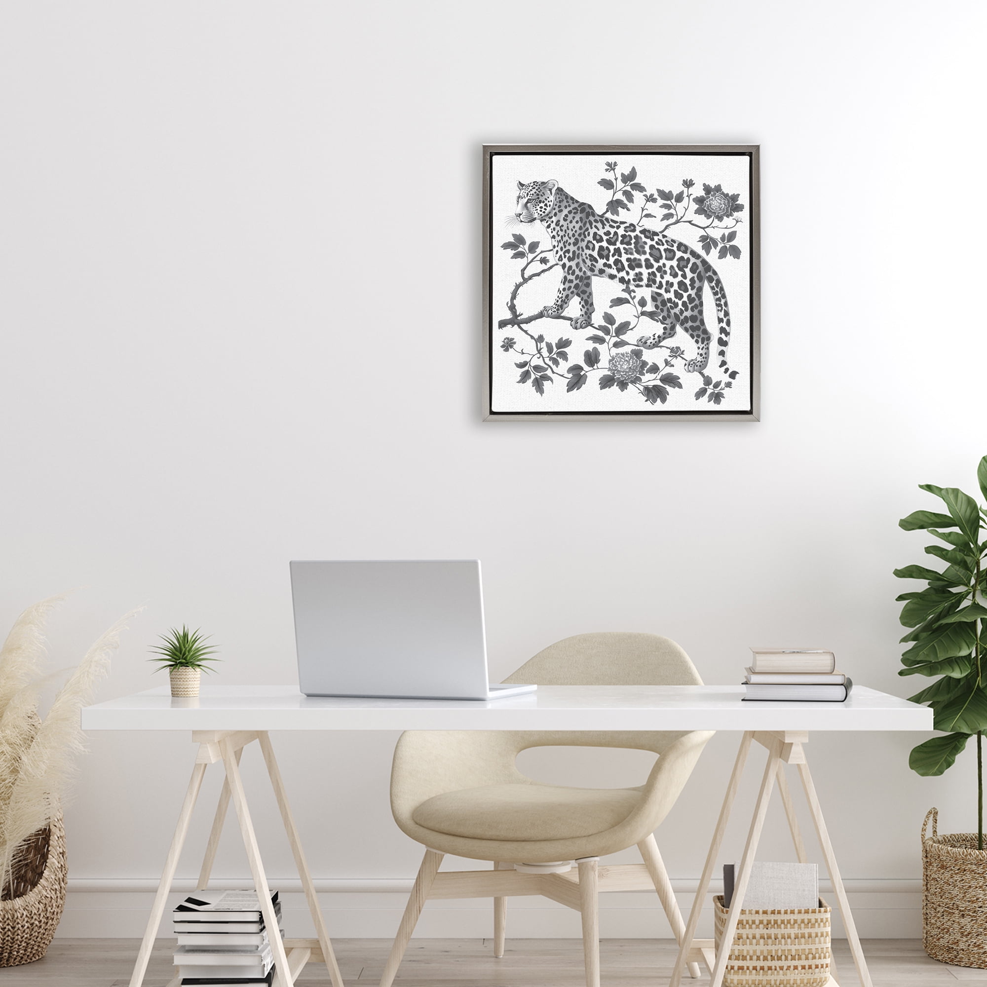 Monochrome Detail Leopard Gray Framed Floater Canvas Wall Art, design by Lettered and Lined