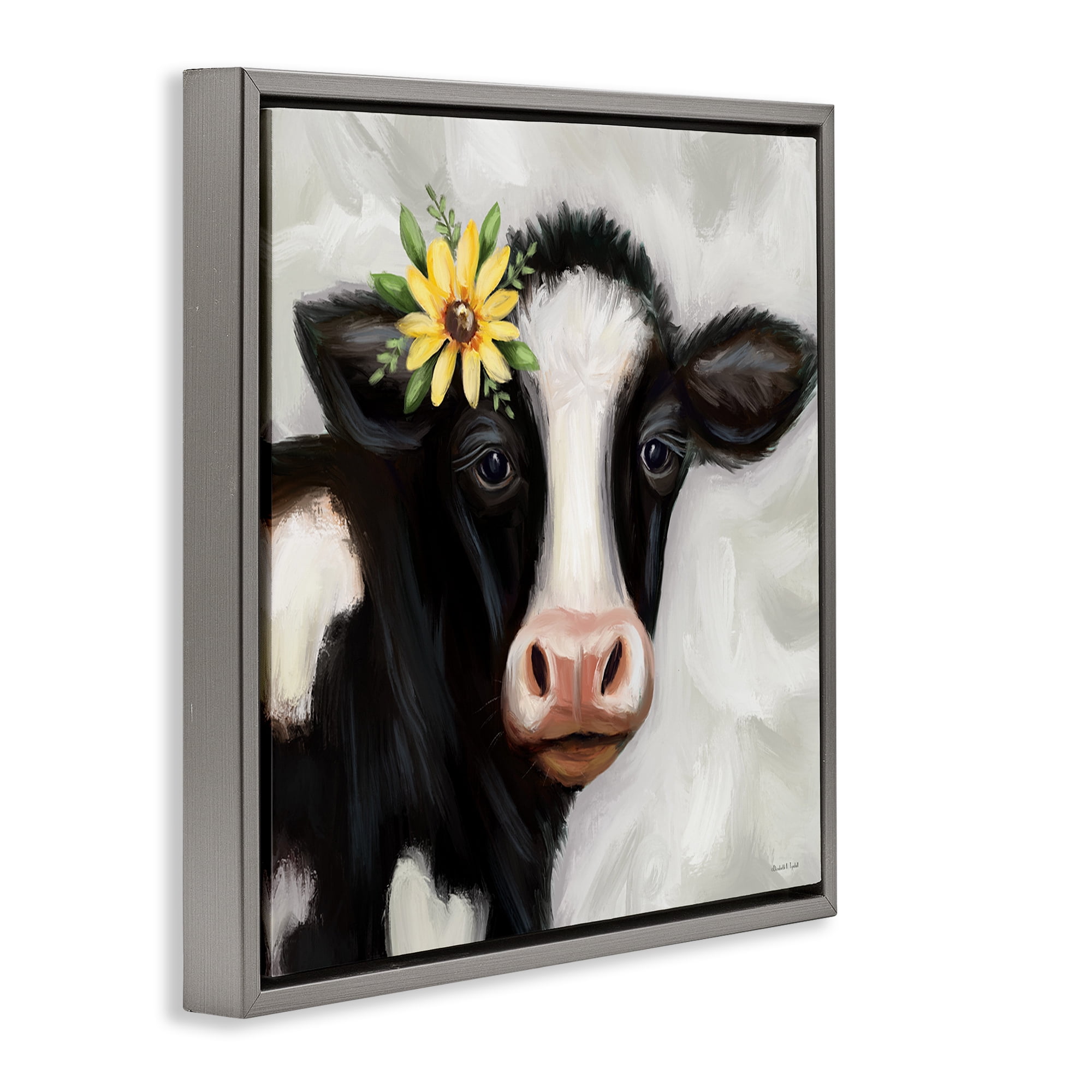 Stupell Industries Cow with Yellow Daisy Animals & Insects Painting Gray Floater Framed Canvas Art Print Wall Art, 18 x 18