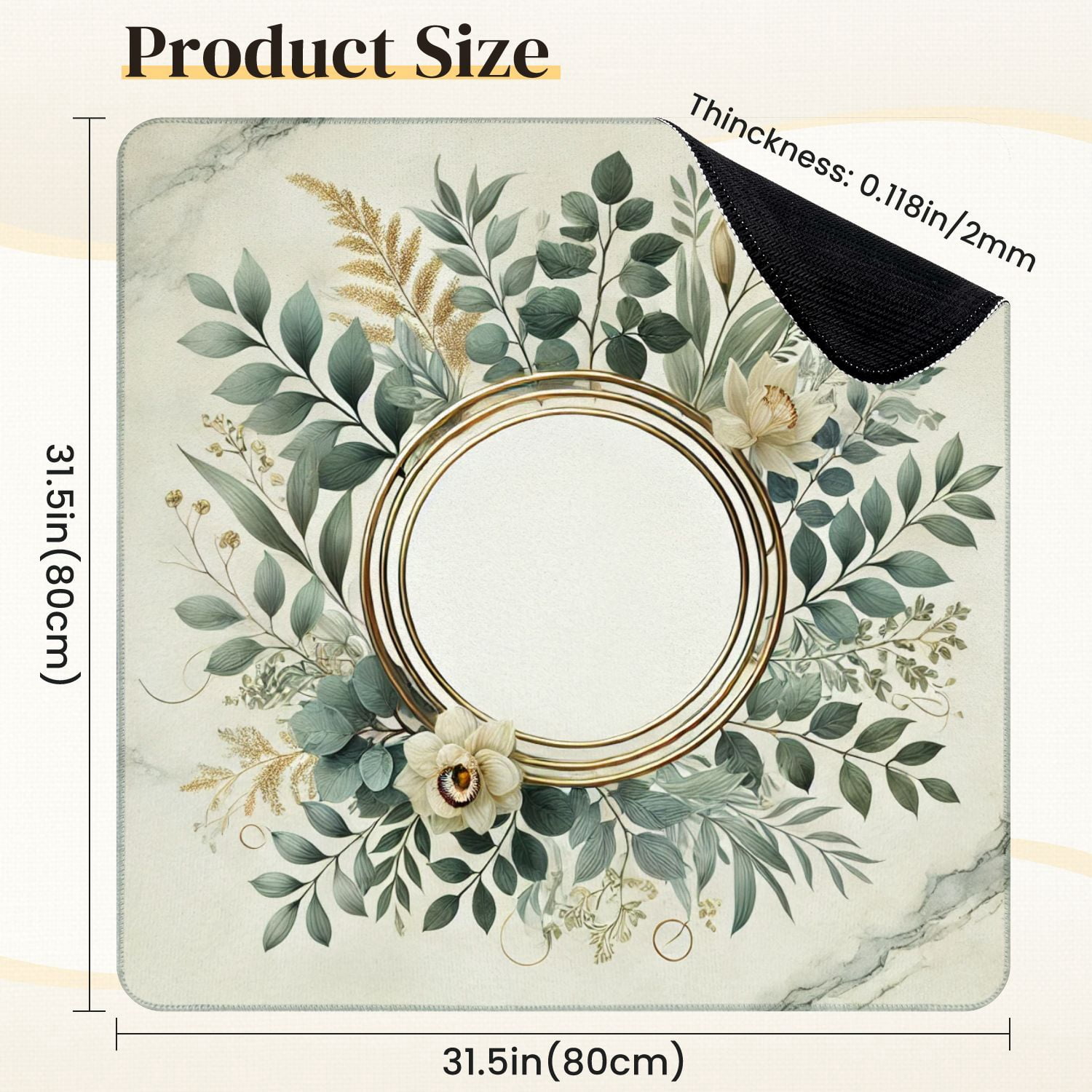 Mahjong Mat 31.5" x 31.5" Green Beige Floral Wreath Gold Circular Frame Botanical Non-Slip Noise Reduction Mahjong Tiles Table Cover for Dominoes Poker Card Board and Tile Games