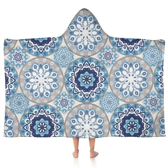 Blue Ethnic Mandala Pattern Hooded Bath Towel,50"x30" for Ages 3 To 12 Kids, Quick Dry Lightweight Soft Microfiber Hood Beach Towel Cover Up for Kids