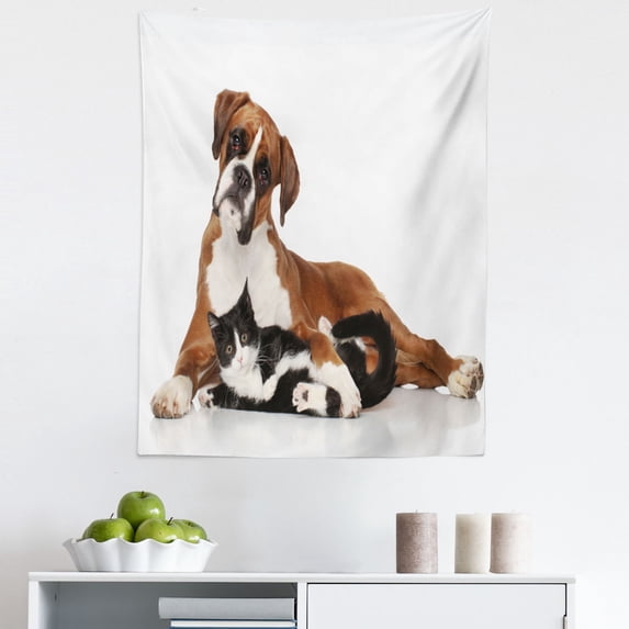 Animal Tapestry, Cat and Dog Together Lying on Floor Couple Real Friends Kitty Portrait, Fabric Wall Hanging Decor for Bedroom Living Room Dorm, 5 Sizes, Brown Black White, by Ambesonne