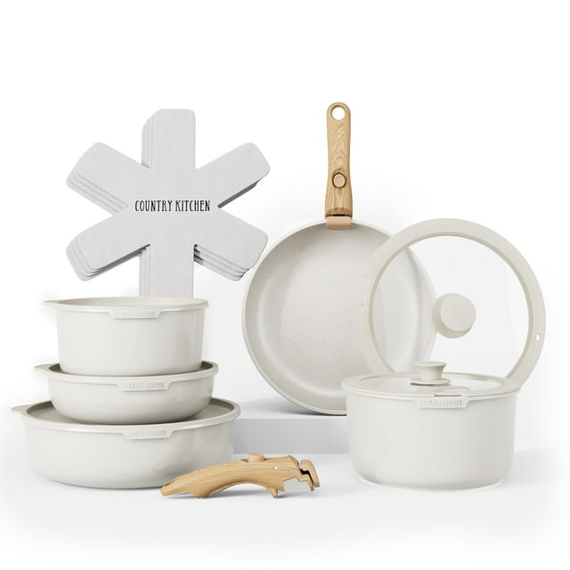 Juego de utensilios de cocina Country Kitchen con mango extraíble, apto para horno y caravana, mango de madera con moteado dorado crema, original
