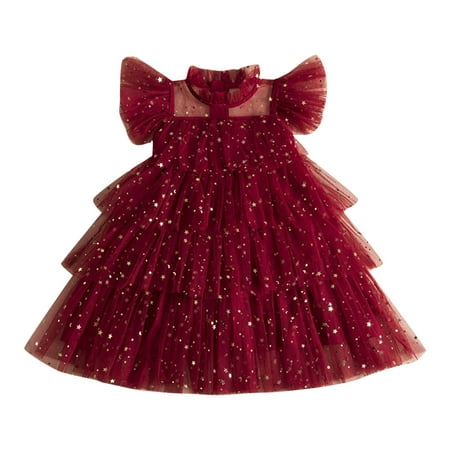 

BSDHBS Girl Summer Dress Toddler Girls Fly Sleeve Star Moon Paillette Princess Dress Dance Party Ruffles Dresses Clothes