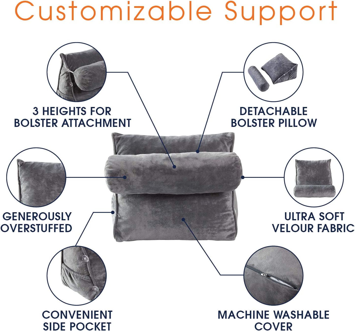 Cheer Collection Wedge Reading Pillow with Adjustable Bolster Memory Foam Back Support Black